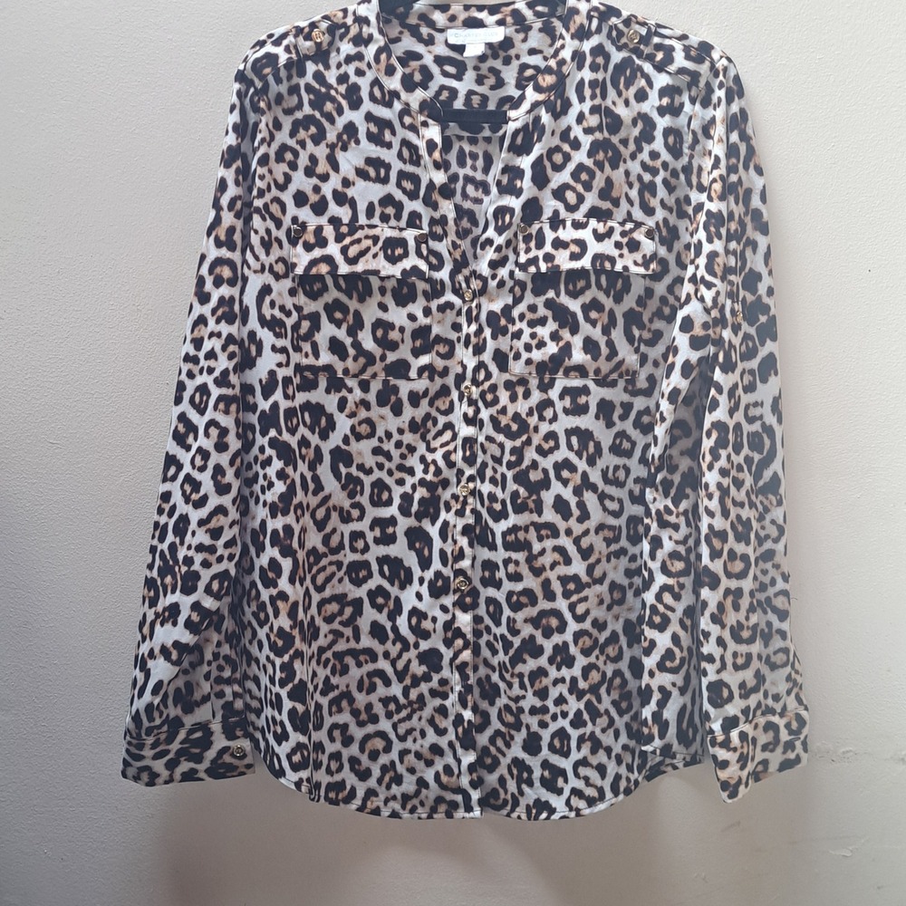 Charter Club Womens Leopard Print Button Down Blouse Tan Brown Gold Buttons L